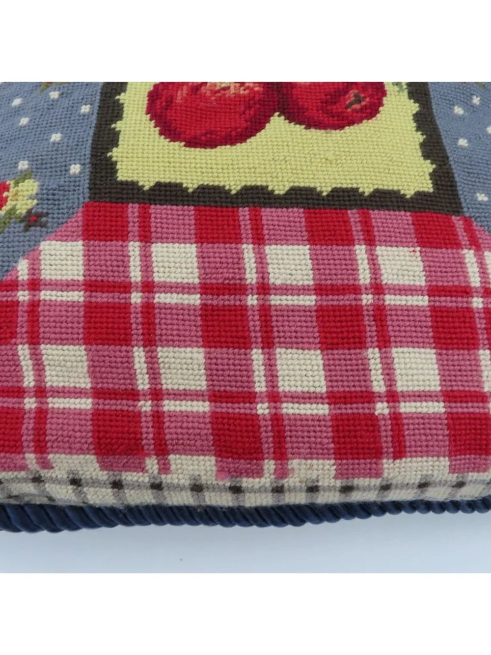 Needlepoint Country Apple Floral Red Blue Beige Check Plaid Velvet Throw Pillow